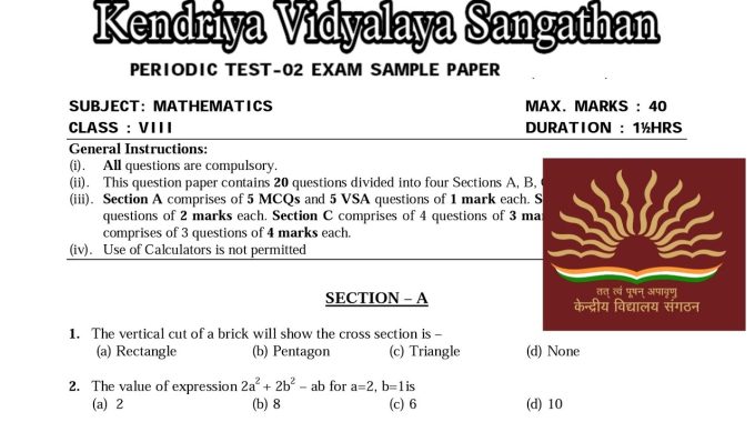 Kendriya Vidyalaya Question Papers for Class 8th 2019 for All Subjects