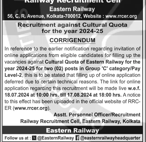 Eastern Railway Recruitment 2024 Against Cultural Quota