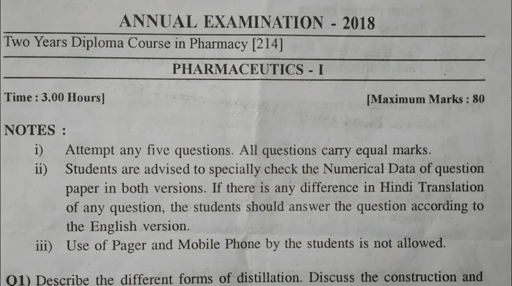 Download D Pharmacy 1st Year Question Paper 2018 With Answers