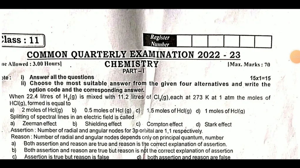 11th Quarterly Question Paper Chemistry 2019