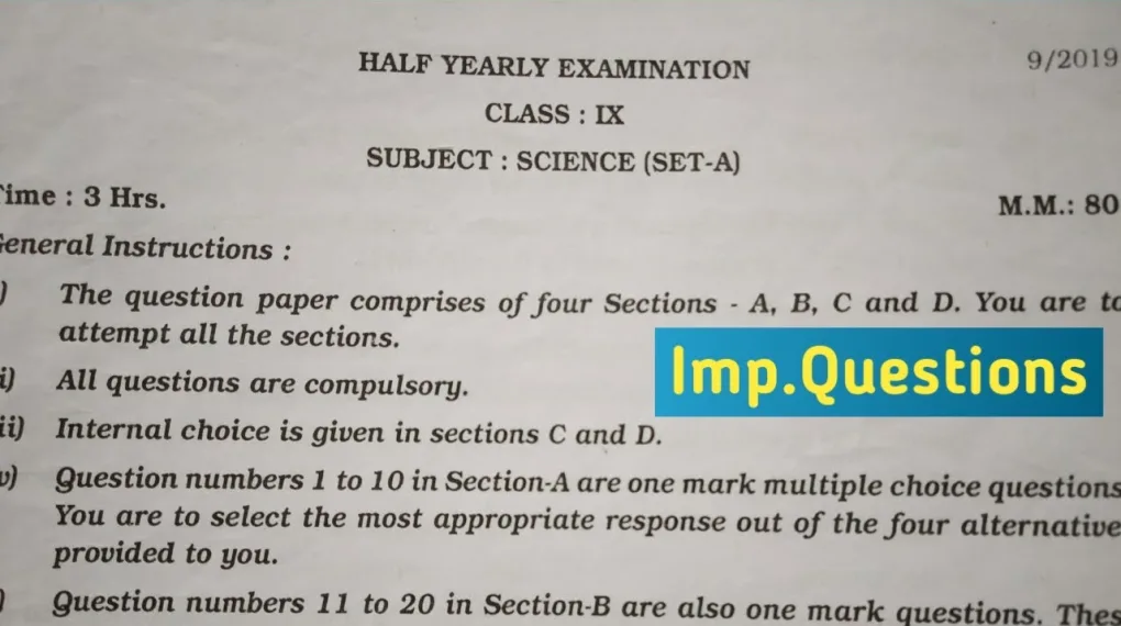 class 9 half yearly question paper science 2019