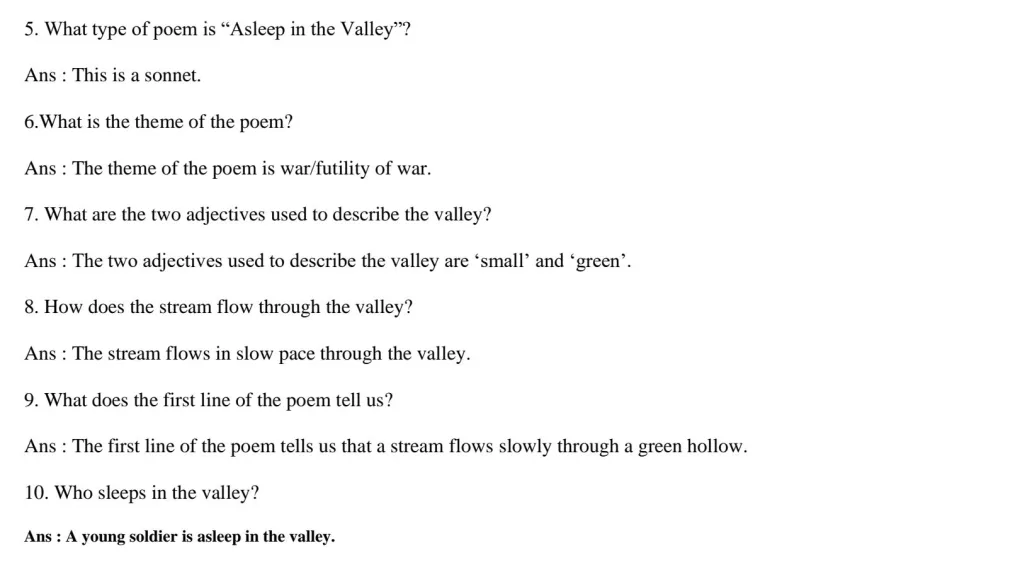 Asleep in the Valley Questions and Answers