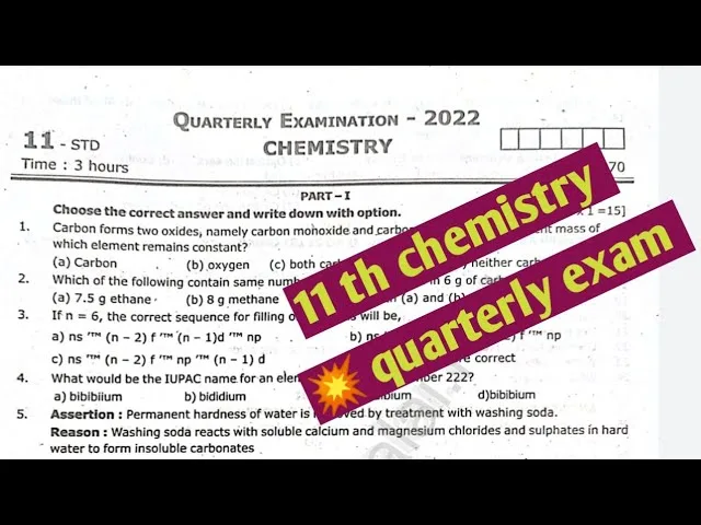 11th Quarterly Question Paper Chemistry 2019