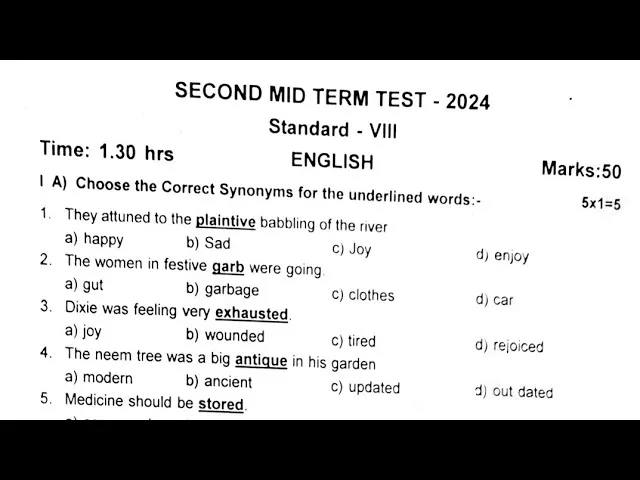 8th Standard Second Term English Question Paper