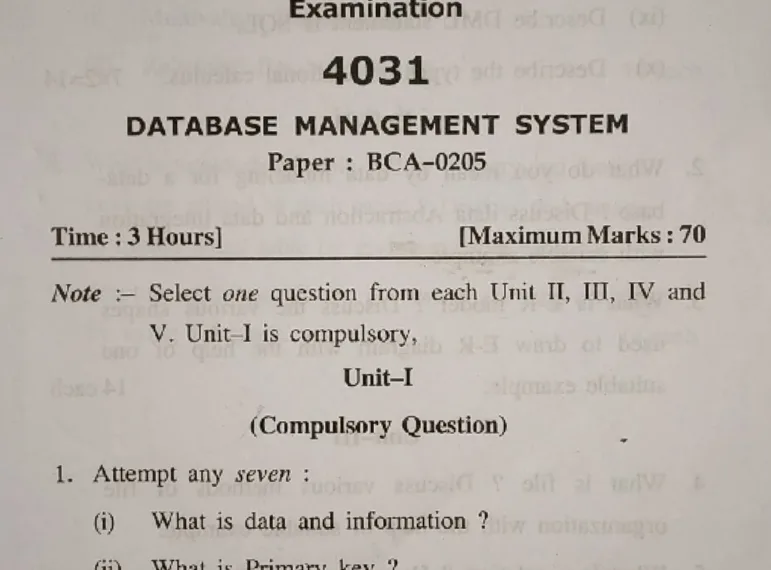 DBMS previous year question paper questions