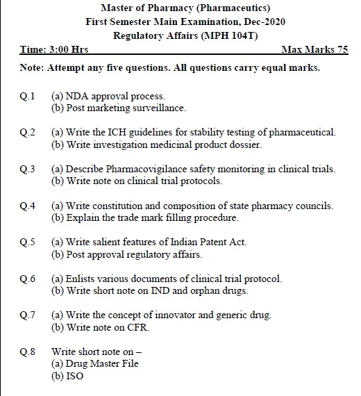 Pharm D Previous Question Papers for Study