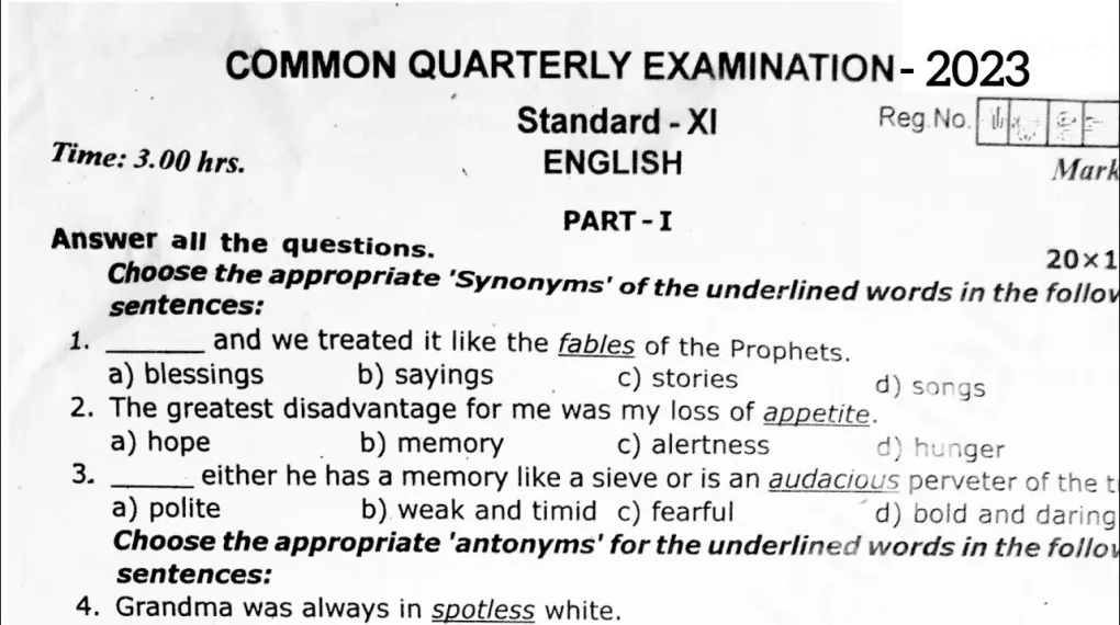 11th Quarterly Question Paper 2023 with Answers