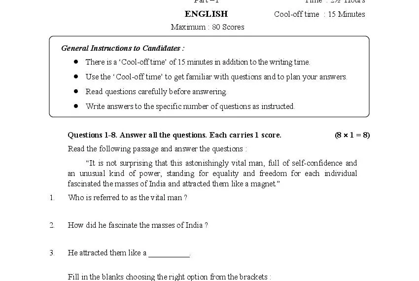 Plus one English question paper with questions and answers