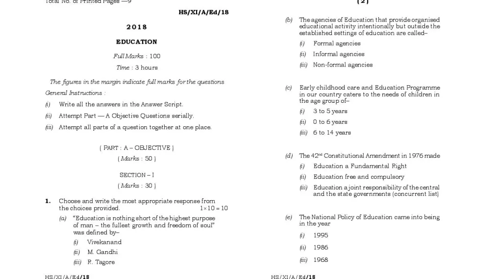 Education question paper 2018 class 11 – questions & answers