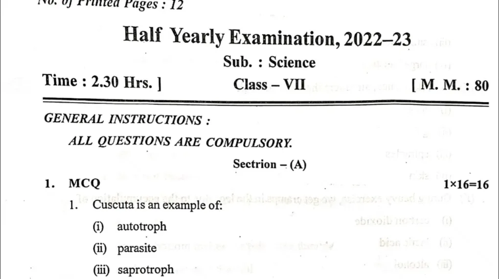 Class 7 Half Yearly Question Paper 2019 Science