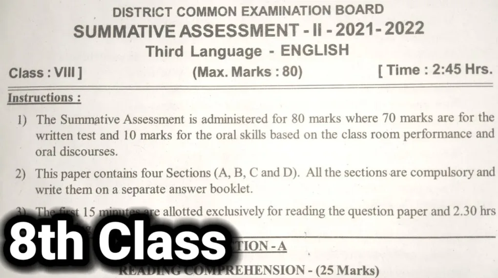 8th class english question paper 2018 sa2 practice