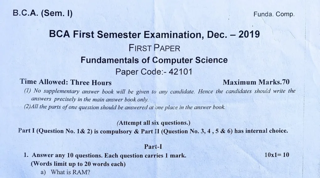 BCA 1st Semester Question Paper and Answers